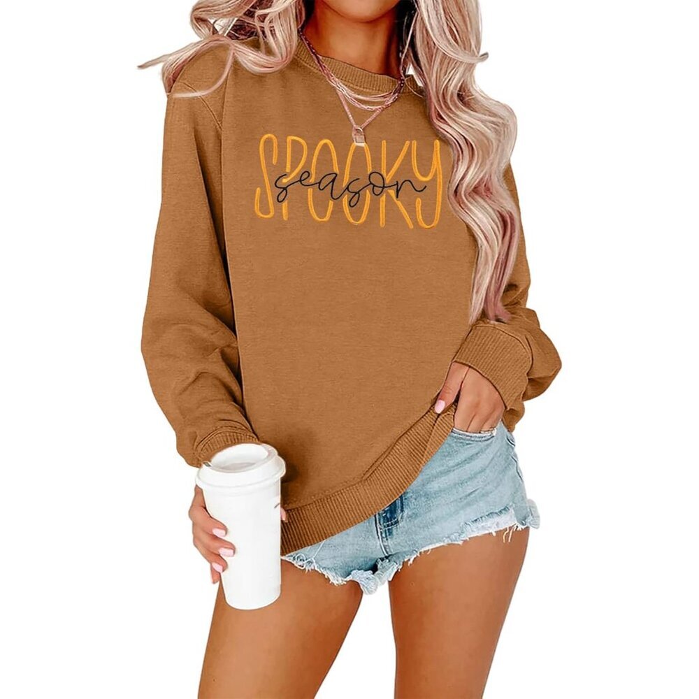 Halloween Sweatshirt Women Ghost Embroidered Pullover Fall Long Sleeve Top